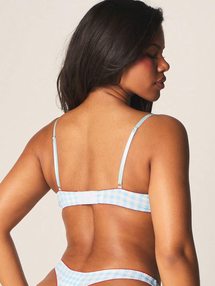 MISSGUIDED Gingham Check Pattern Underwire Bra And Thong Set With Bow Detail Contrast Trim Lingerie