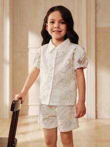 SHEIN Elladie kids Young Girl Solid Color Button Front Short Sleeve Shirt And Shorts Set, Young Girls Linen Retro Outfit, Summer Little Girl Outfit Sets For Recognition - White - View 6
