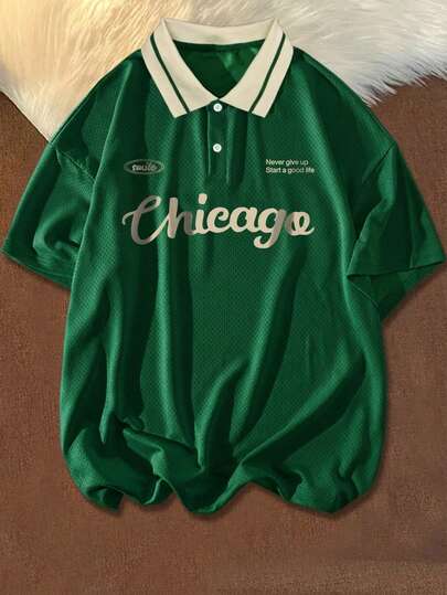 Claim Dot Men's Letter Print Contrast Color Loose Casual Polo Shirt