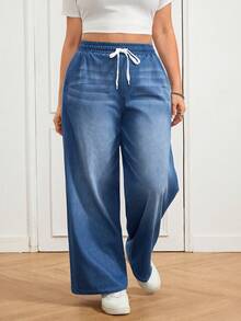 SHEIN CURVE+ Plus Size Women Drawstring Waist Wide Leg Loose Casual Versatile Jeans Spring To Summer Valentine's Day Carnival Costume Commuting Vacation Graduation Chic Y2k Cute Streetwear Party Wedding Elegant Business Casual Woman Loose Fit Women's Blue Wash Denim Wide Leg Jeans With Adjustable Drawstring - Blue - View 6
