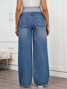 SHEIN 女士纯色简约日常孕妇牛仔裤，春夏嘉年华服装通勤度假毕业时尚Y2K可爱街头风派对婚礼优雅商务休闲女式孕妇阔腿牛仔裤，高腰弹力设计，舒适孕妇牛仔裤 - 藍色 - 查看 2