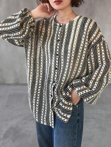 FRIFUL Chaqueta de mujer con cuello redondo y apertura frontal de tela texturizada - Beis - Ver 2