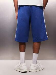 PLAYBOY X SUMWON Celana Pendek Basket Jersey Logo Kelinci dengan Pinggang Elastis Bertali dan Detail Garis Samping untuk Pakaian Kasual Musim Panas - Biru - View 2