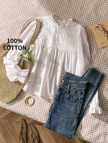 Muvela 2026 Spring/Summer New White Ruffled Collar Lace Trim Splice Striped Elastic Cuff Women's Cute Shirt, Elegant Party, British Style, Campus, Suitable For Outing, Date, Gathering, Music Festival, Commuting, Summer Holiday, Vacation - White - View 2