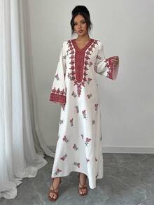 Yasmyna 女士宽松印花长袖阿拉伯连衣裙 - 紅色 - 查看 6