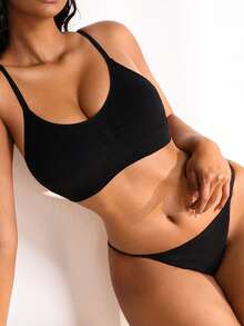 NudeFit 2pcs Set Women's Casual Minimalist Seamless Jacquard Wireless Bra And Panty Underwear Set - Black - View 3