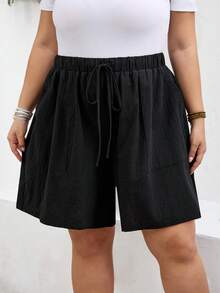 SHEIN CURVE+ Quần short nữ dáng suông US22, thích hợp cho lễ hội âm nhạc, kỳ nghỉ biển, phong cách bohemian, màu trơn, có dây rút ở eo và túi. - màu đen - Xem 5