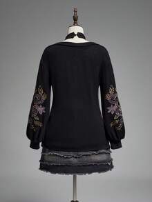 ROMWE Spring/Summerblack2pcs Gothic Snake Skin Floral Embroidery Design Women Set, Camisole + Outerwear Top - Black - View 10