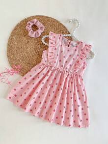 Baby GirlSweet Cute Pink & White Plaid Strawberry Print Woven Fabric Round Neck Drawstring Design Back Collar Open Water Drop Mushroom Button Decorative Cap Sleeve Knee-Length Dress Baby Girl Pink Summer Dress Strawberry Baby Dress Pink Strawberry Dress - Pink - View 10