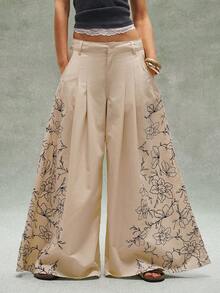 Bohemela 女士休闲阔腿直筒牛仔裤，印有脚印图案 - 卡其色 - 查看 2