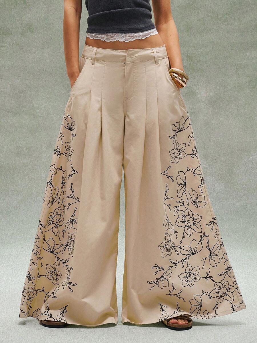 Bohemela Women's Casual Wide Leg Straight Jeans With Footprint Print - Khaki - View 1