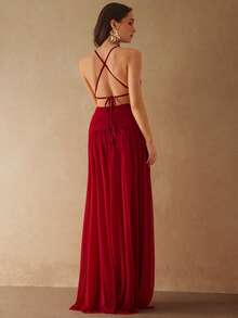 Silquee 女士性感纯色褶皱露背吊带连衣裙 - 紅色 - 查看 3