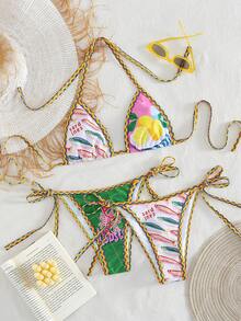 Swim Vcay 3pcs/Set New Random Print Triangle Halter Sexy Elegant Vacation Bikini Set With 2 Swim Bottoms, Beach Pool Party Women Swimwear - Multicolor - View 4