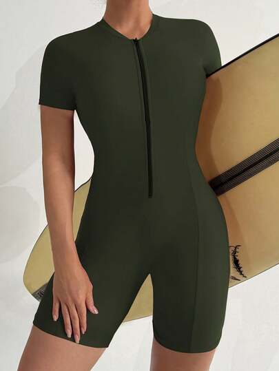 Swim SPRTY Women's Solid Color Short Sleeve One-Piece Swimsuit, Suitable For Beach Vacation Olive Green Swimsuit Short Sleeve Swimsuit Swimsuit Modest Unitard Jumpsuit Green Romper Women