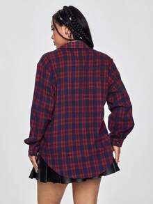 ROMWE Grunge Punk Plus Size Dark Punk Plaid Plus Size Boyfriend Style Shirt - Burgundy - View 5