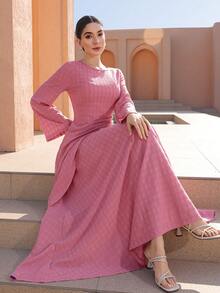 Graceveil Women's Elegant 2-Piece Set: Solid Color Round Neck Jacquard Textured Irregular Hem Top And Flared Skirt - Hot Pink - View 4