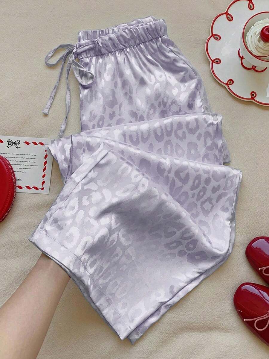 Comfortcana 女士休闲紫色豹纹抽绳腰宽松阔腿裤 - 紫色 - 查看 1