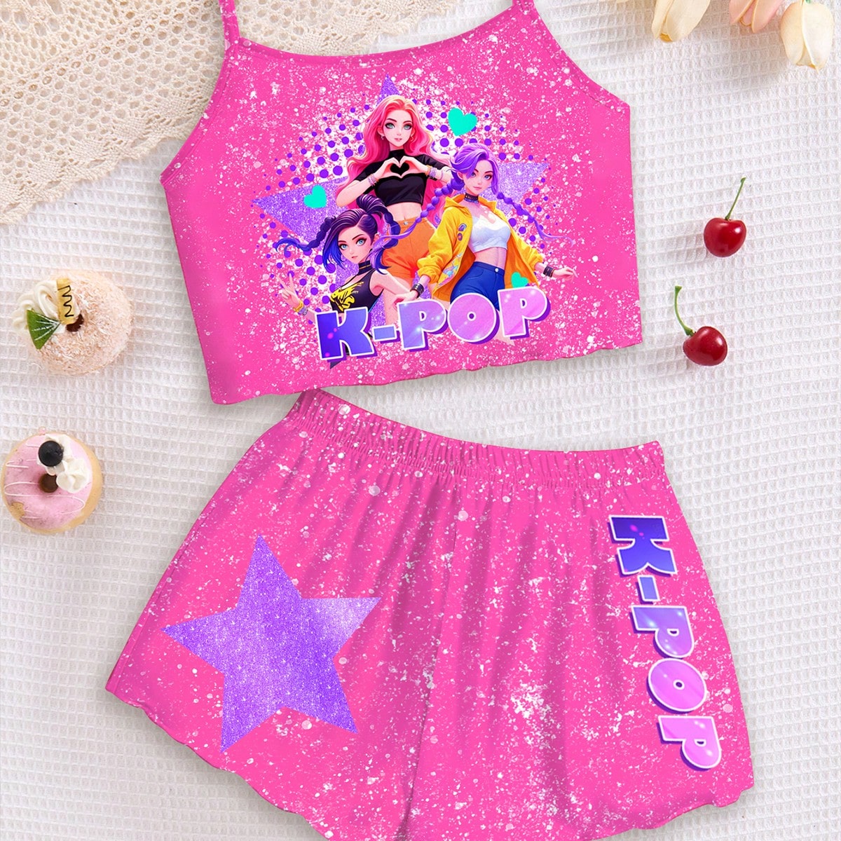 Set de 2 prendas con estampado de letras y estrellas al estilo KPOP para niñas jóvenes, ropa con estampados de personajes de dibujos animados colori