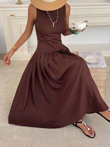 Livesso 优雅褶裥腰身中长连衣裙，适合夏季办公室和通勤穿着 - 咖啡棕 - 查看 4