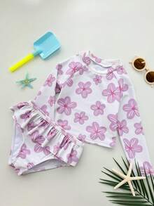 DAZY Bộ bikini tam giác in hoa dành cho bé gái, gồm áo dài tay cổ tròn viền bèo nhún. - Hồng - Xem 4