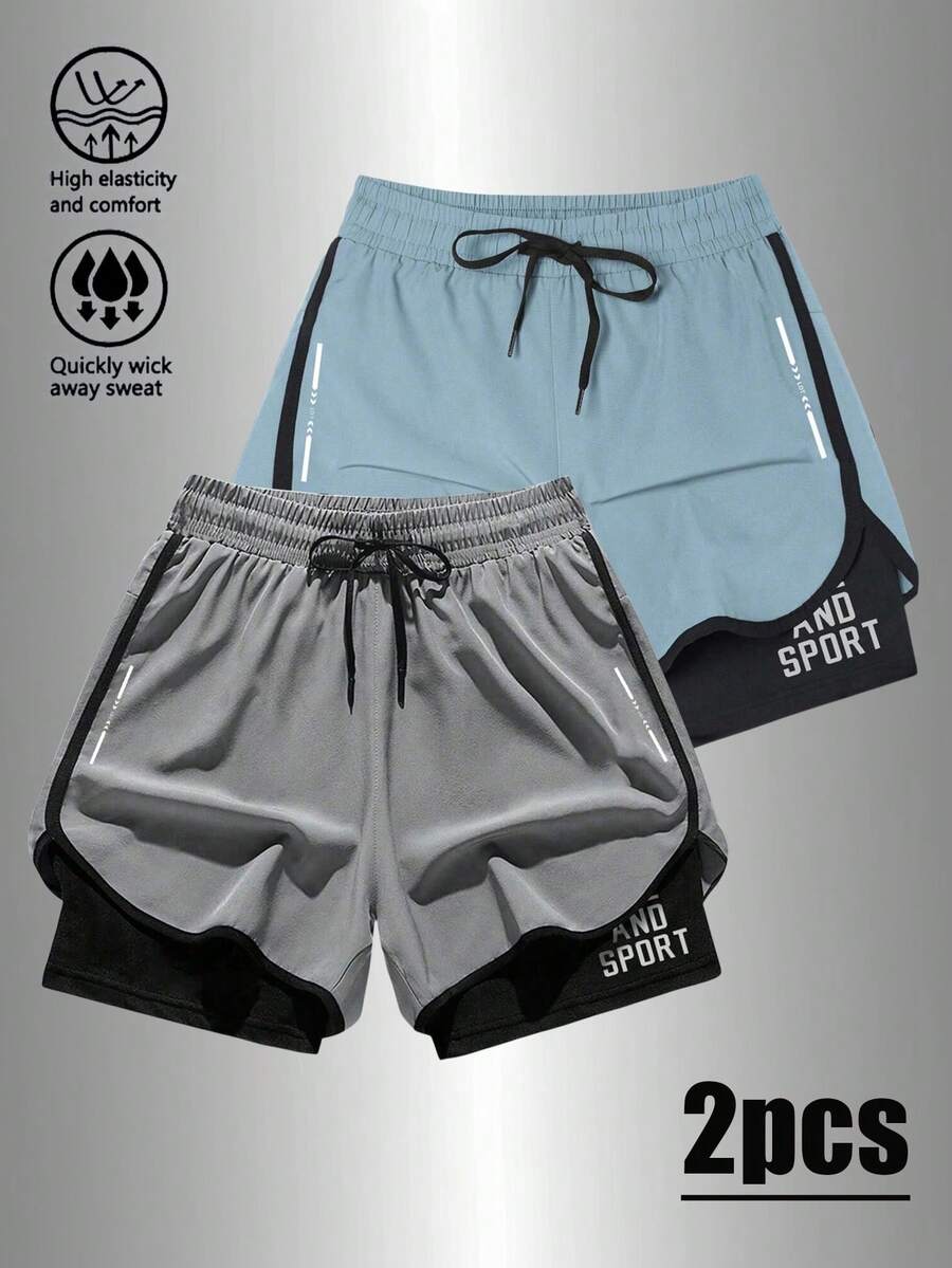 Manfinity Sport Corelite Pantalones cortos deportivos de verano para hombres con cintura con cordón y estampado de letras de color contrastante - Gris - Ver 1