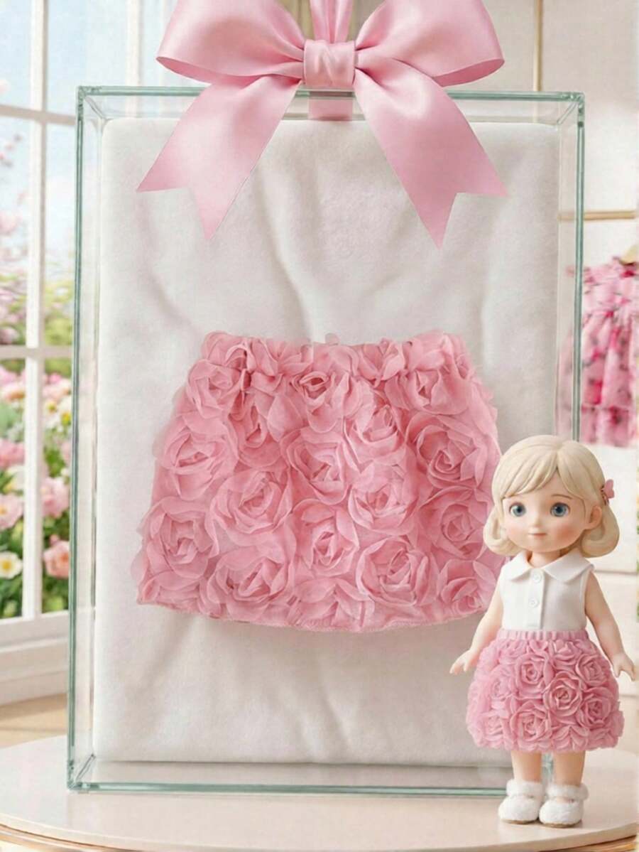SHEIN Infant Girls' Pink Mesh 3D Floral Elegant Princess Mini Skirt, Summer - Pink - View 1