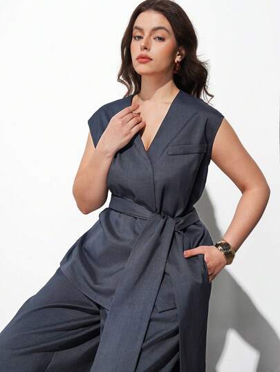 Maija Plus Size 2026 Early Spring New Women's Suit Set, Pink Collarless Wide Shoulder Single Pocket Design Vest, Loose Fit Blazer, Business Casual Daily Commute Elegant Beach Resort Suitable For Wedding Guest, Country Music Festival, Brunch, Airport Outfit, 90s Retro Business Casual Women's Suit Set, 2026 Spring Summer, Valentine's Day, Christmas, Thanksgiving, Fashionable Versatile Women's Suit Set