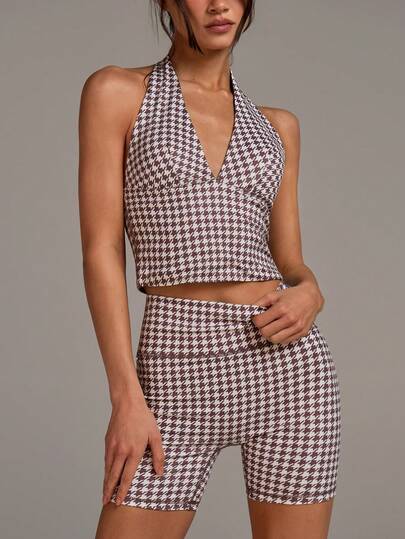 Athîral Women's Houndstooth Halter Backless Top And High Waist Shorts Fashion Casual Sports Suit