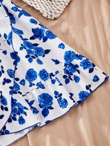 ChillGRL 少女提花荷叶边下摆蝴蝶结腰身蓝色提花荷叶边袖连衣裙，适合青少年女孩夏季休闲日常度假穿着 - 藍色 - 查看 5