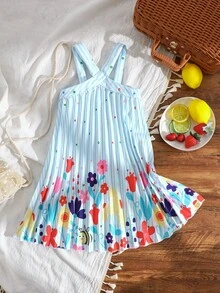 SHEIN Elladie kids 女童休闲无袖热带印花连衣裙，春夏新品 - 藍色 - 查看 4