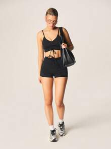 MISSGUIDED Ruched Detail High Rise Mini Shorts With Drawstring Waistband And Side Lace Up Design - Black - View 2