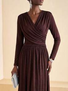 Zivah 2025春季新款V领荷叶边A字长袖连衣裙 - 黃色 - 查看 5