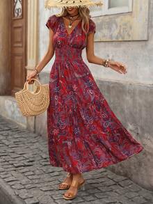 Brillora Women's Burgundy V-Neck Pleated Waist Cinched Boho Maxi Dress,Summer Holiday Vacation Bohemian Floral Wedding Guest Outfit,Elegant Short Sleeve Dress - Red - View 5