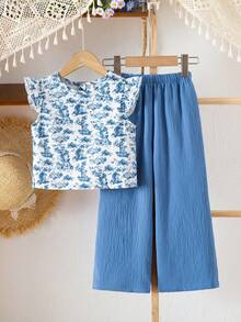 女童纹理面料短袖纽扣后背T恤和休闲长裤两件套 - 藍色 - 查看 2