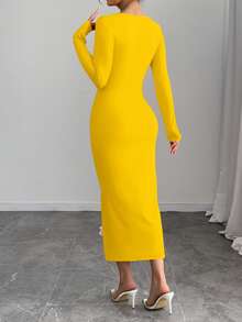 Selianne 镂空花卉设计性感女式连衣裙长款套装 - 淡黃色 - 查看 2