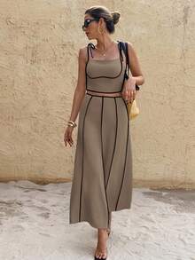 SHEIN Frenchy Women's Colorblock Camisole Top And Skirt 2 Pieces Set, Fashionable For Vacation, Date, And Outings - Mocha Brown - View 3