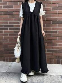 FRIFUL Đầm nghỉ mát không tay viền bèo dành cho nữ - màu đen - Xem 2