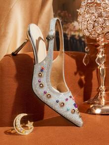 CUCCOO TILAWA 女士镶钻尖头高跟鞋，时尚踝带礼服鞋，适合派对和宴会穿着 - 銀色 - 查看 3