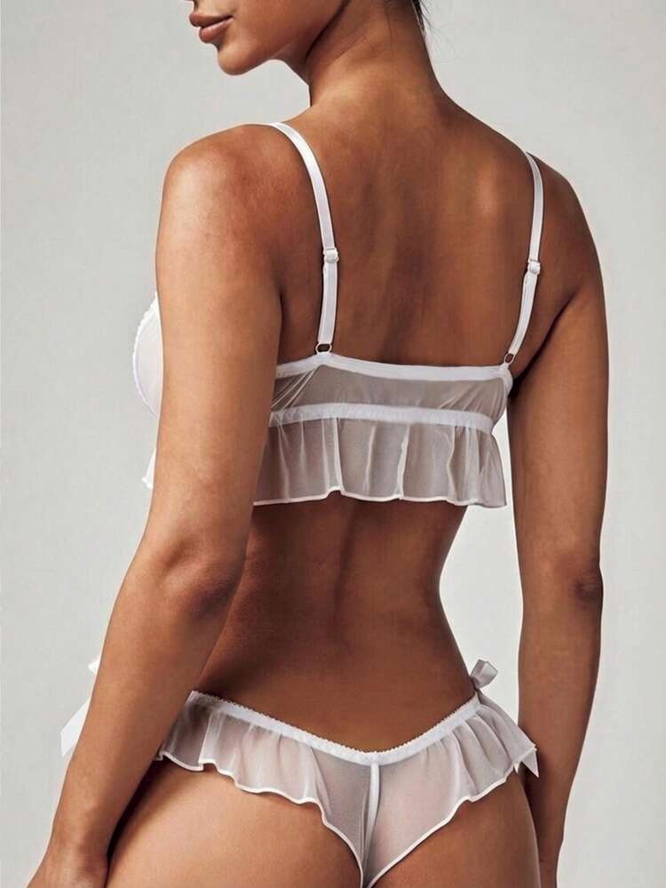 MISSGUIDED Lace Ruffle Lingerie Set Sheer Mesh Bralette Triangle Cups Tie Front Top Underwear Intimate Apparel Collection