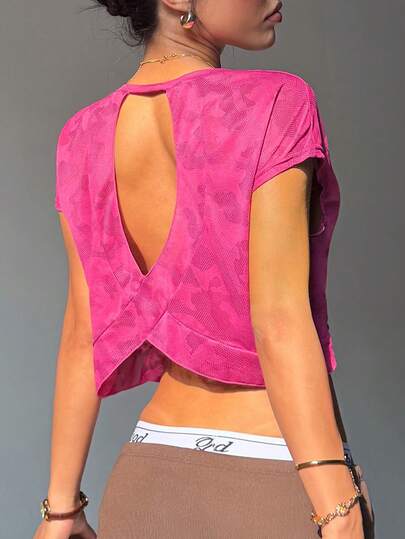 Core Rhythm Women's Loose Fit Short Sleeve Round Neck Hollow Back Camouflage Jacquard Sports Top, Suitable For Casual Daily Wear, Running, Yoga, Gym, Tennis, Golf