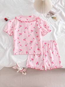 Bộ 2 món gồm áo ngắn tay và quần in hình bướm cho bé gái, đồ ngủ thường ngày. - Hồng - Xem 2