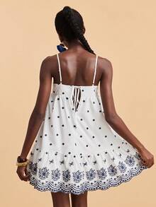 Travachic White Floral Printed Spaghetti Strap Ruffle Hem Sleeveless Summer Camisole Dress,Boho Vacation Holiday Outfit,Elegant Wedding Guest Party Dress - Multicolor - View 2