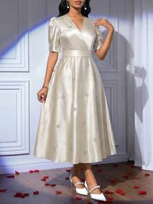 SHEIN Lady Women's V-Neck Rhinestone Decor Elegant Waist Cinched Midi Party Dress - Gold - View 6