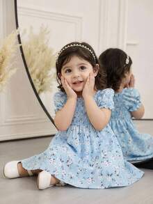 SHEIN 度假风女童方领泡泡袖碎花甜美连衣裙，夏季 - 藍色 - 查看 1
