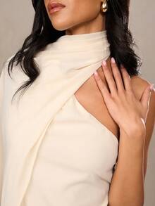 SHEIN BAE Elegant Chiffon Flowy Asymmetric Cold-Shoulder Top, Suitable For Elegant Top, Brunch Top, Wedding Guest Top, Summer Top, Apricot Top, Cream Top, Summer For Women, Going Out Top For Women, Summer Holidays, Casual Blouse For Women, Spring Top Women, Works For Women, Fashionable Top, Flowy Top, Casual Blouses For Women, Women's Cruise - Apricot - View 8