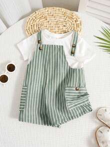 SHEIN Baby Boy Cute Casual Versatile Striped Bib Shorts - Multicolor - View 3