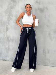 EURMUSE Cotton Contrast Binding At Side Slant Pockets At Both Side Wide Leg Sweatpants. - Navy Blue - View 5