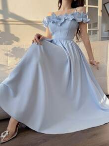 Feyla New Arrival Spaghetti Strap Off-Shoulder Pleated Romantic Ruffle Waist Elegant A-Line Cocktail Party Dress - Blue - View 2