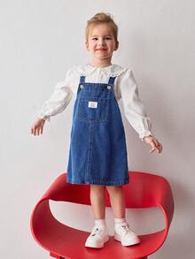 Maija Kids 女童纯色休闲连衣裙套装（带口袋）及长袖衬衫T恤 - 深色水洗藍 - 查看 5