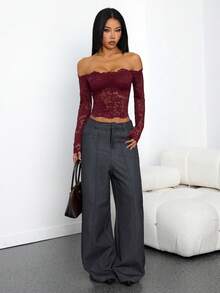 SHEIN PETITE 女士蕾丝性感透视镂空露肩长袖上衣，酒红色，适合圣诞节、万圣节、亡灵节、秋冬季叠穿，红色上衣，圣诞节 - 酒紅色 - 查看 5